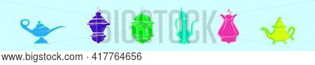 Set Of Magic Lamp Cartoon Icon Design Template With Various Models. Modern Vector Illustration Isola