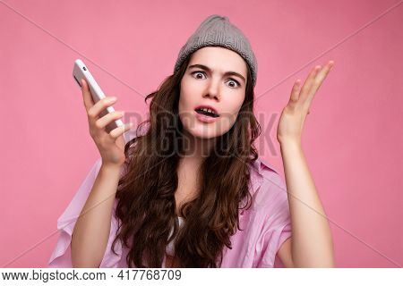 Closeup Portrait Photo Shot Of Emotional Upset Attractive Young Brunette Woman Wearing Stylish Pink 