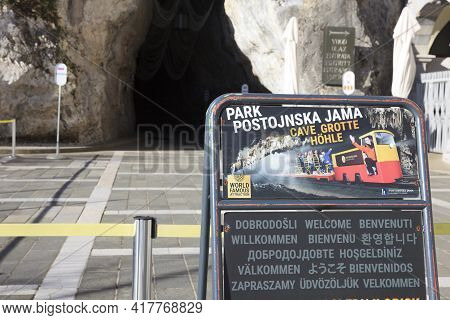 Postojna / Slovenia - December 9, 2017: The Sign And Gate To Postojna Cave, Slovenia