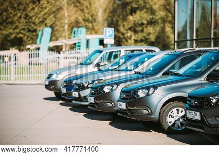 Gomel, Belarus - October 19, 2020: Lada Vesta, Granta Cars Parked In Row Near Dealership