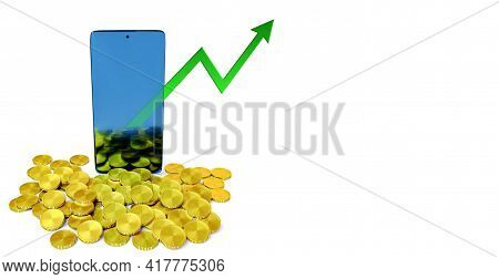 3d Illustration Of Smartphone Investment Concept With 3d Render Coins And Growing Profit Green Arrow