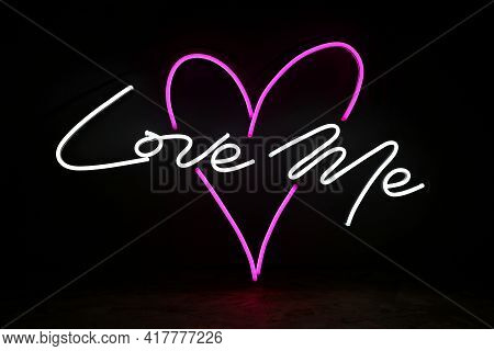 White And Pink Neon Heart With The Inscription Love Me. Trendy Style. Wedding Design. Neon Sign. Cus