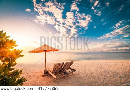 Beautiful Beach. Chairs On The Sandy Beach Near The Sea. Summer Holiday And Vacation Concept For Tou