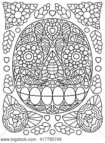 Hand-drawn Ornamental Skull And Flowers Coloring Page For Adults And Kids Stock Vector Illustration.