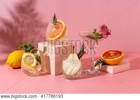 Hard Seltzer Cocktails With Various Fruits: Pear, Grapefruit, Lemon. Refreshing Colorful Summer Drin