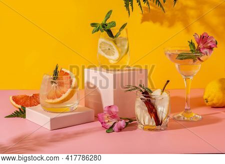 Hard Seltzer Cocktails With Various Fruits: Pear, Grapefruit, Lemon. Refreshing Colorful Summer Drin