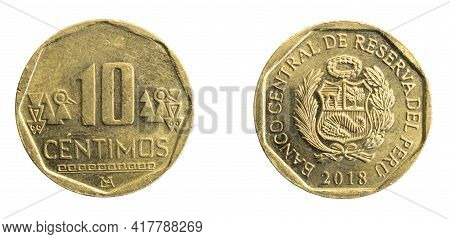Peru Ten Centimos Coin On White Isolated Background