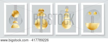 Abstract Art Illustration With Golden Circles. Set Of Aesthetic Gold Painting Wall Art For House Dec