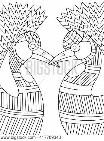 Two Grey Crowned Crane Birds Hand-drawn Linear Coloring Page For Adults And Kids Stock Vector Illust