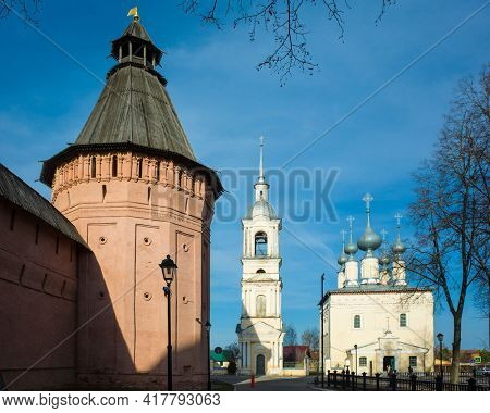 Suzdal, Red observation tower of Saviour Monastery of Saint Euthymius, White and yellow Smolensk church and Smolensk templel, Russian heritage architecture, Golden Ring of Russia