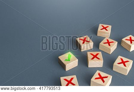 One Green Check Mark Among Red X Crosses. Only Right Solution In Situation. Last Chance. Restore Ord