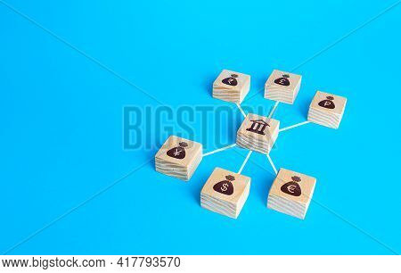 Linked Blocks Bank And World Currencies Money Bags. Financial System, National Foreign Exchange Rese