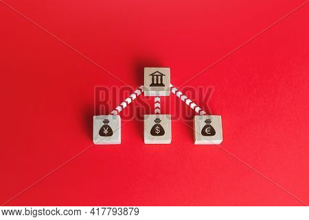 Currencies Money Bags Are Connected To The Bank By Lines . Financial System, National Foreign Exchan