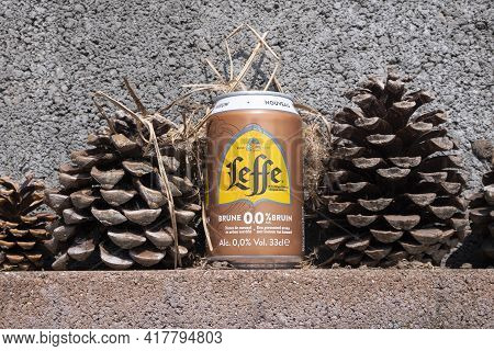 Sint Gillis Waas, Belgium, April 19, 2021, A Can Of Dark Leffe, Special Belgian Beer With 0.0 Or Zer