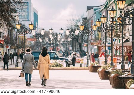 Brest, Belarus - March 6, 2021: People Walking On Pedestrian Sovietskaya Street In Spring Day.