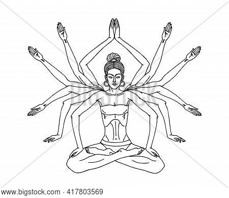 Cute Young Yogi Girl With Twelve Hands In Lotus Position Does Belly Vacuum And Muscle Wave, Vector I