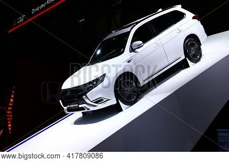 Geneva, Switzerland - March 10, 2019: Plug-in Hybrid Crossover Mitsubishi Outlander Phev Presented A