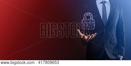 Cyber Security Network. Padlock Icon And Internet Technology Networking. Businessman Protecting Data