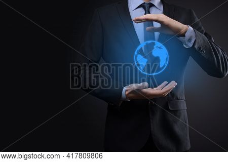 Businessman Man Hand Holding Earth Icon , Digital Globe