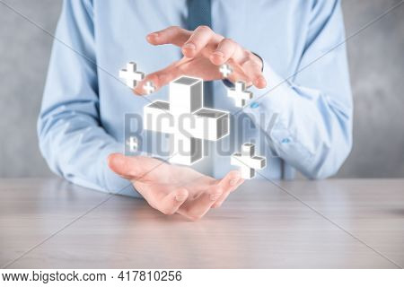 Businessman Hold 3D Plus Icon, Man Hold In Hand Offer Positive Thing Such As Profit, Benefits, Devel