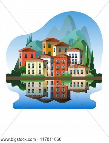 Colorful Mediterranean-style Houses Against The Backdrop Of Mountains On The Waterfront. Vector Illu