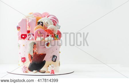 Birthday Pink Cake For A Girl Who Loves To Use Tik Tok App For Creating And Sharing Videos. Tik Tok