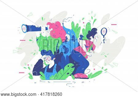 Group Of People Looking For Something Vector Illustration. Man And Woman In Search For Something Usi
