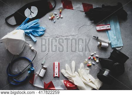 Ymbols Of Pandemia 2020-2021: Respirators And Masks, Pills And Vaccine, Coronavirus Tests And Fencin