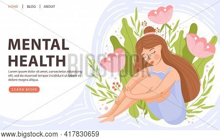 Mental Health, Positive Mindset Or Self Care Concept. Cute Girl Sitting And Hugging Her Knees. Posit