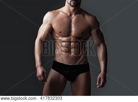 Sexy Muscular Men With Bare Naked Body Torso. Naked Body And Strong Torso Of Male Athlete In Underwe