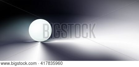 Dark Abstract Background, Tech Composition, Sphere, White Ball In Darkness. Clean, Round Object, Orb