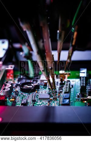 Electronic Circuit Board Production. Automated Circut Board Machine Produces Printed Digital Electro