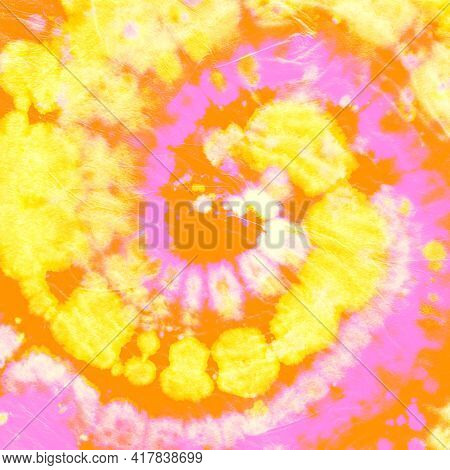 Abstract Dye. Hippie Circle Background. Orange Color Shirt. Spiral Dyed Effect. Batik Patterns. Arti