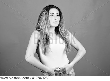 Voluminous Crimped Hair. Crimped Hairstyles. Woman Stylish Hairstyle On Blue Background. Hair Crimpi