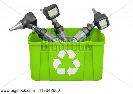 Recycling Trashcan With Otoscope. 3d Rendering Isolated On White Background