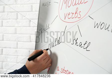 English Teacher Giving Lesson On Modal Verbs Near Whiteboard, Closeup