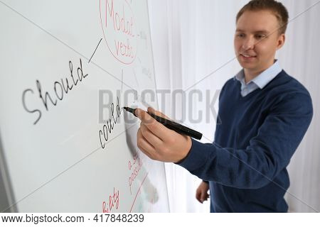 English Teacher Giving Lesson On Modal Verbs Near Whiteboard In Classroom