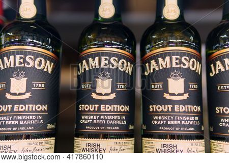 Tyumen, Russia-april 21, 2021: New Jameson Stout Edition Caskmates Irish Whiskey Bottle. Sale Of Alc