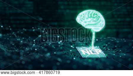 Brain On Cpu. Computer Mainboard With Binary. Ai, Machine Learning, And Nlp Natural Language Process