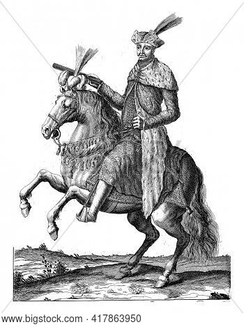 Portrait of Hungarian statesman Imre Thokoly on horseback with command staff in hand. At the bottom in the margin are name and position in Dutch.