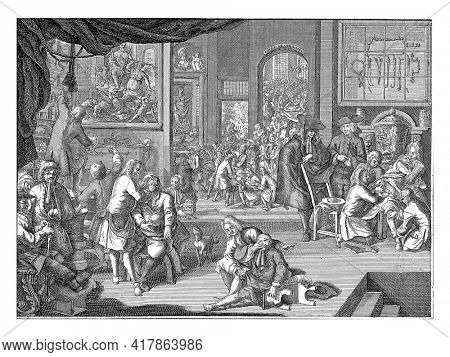 View in the workshop of the Surgeons Guild in Amsterdam, 1731. Different patients are helped in all kinds of ways.