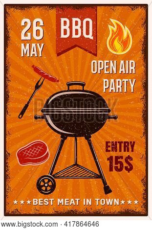 Bbq Open Air Party Vintage Poster With Grill In Center Sausage Steak On Orange Background Vector Ill