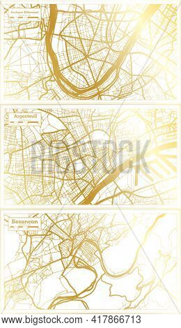Besancon, Argenteuil and Boulogne Billancourt France City Map Set in Retro Style in Golden Color. Outline Map.