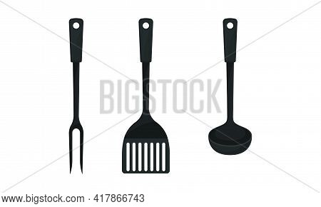 Black Kitchen Utensil With Ladle And Serving Fork Vector Set