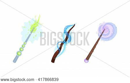 Magic Wands With Fairy Dust And Glow Swirling Around Vector Set