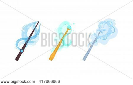 Magic Wands With Fairy Dust And Glow Swirling Around Vector Set