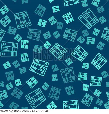 Green Line Office Folders With Papers And Documents Icon Isolated Seamless Pattern On Blue Backgroun