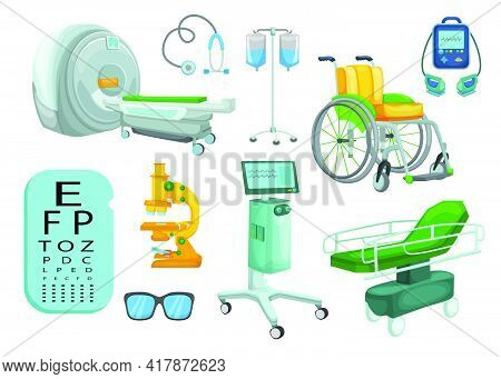 Set Of Hospital Medical Equipment And Devices Vector Cartoon. Tomograph, Scanner, X-ray, Mri, Fluoro