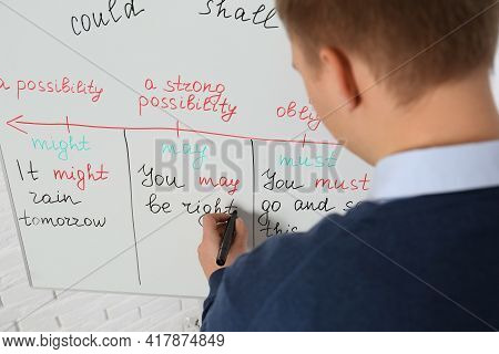 English Teacher Giving Lesson On Modal Verbs Near Whiteboard, Closeup