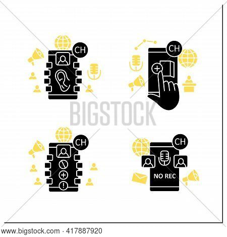 Drop In Audio App Glyph Icons Set. Communication Application With Friends. Listeners, Creating Room,